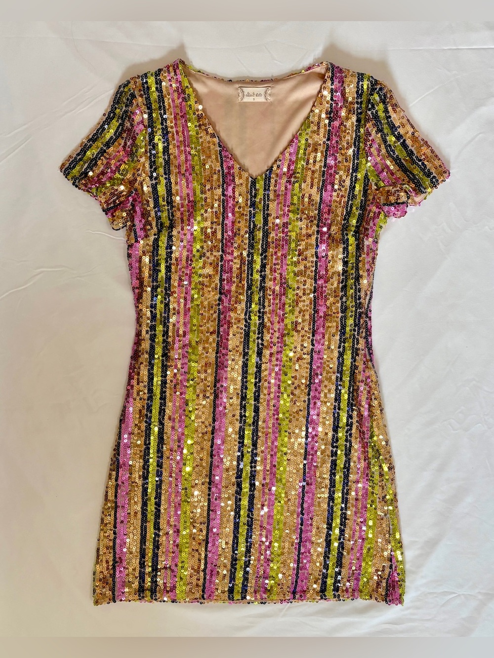 Altar'd State Pink Gold Green Striped Sequin Mini Dress